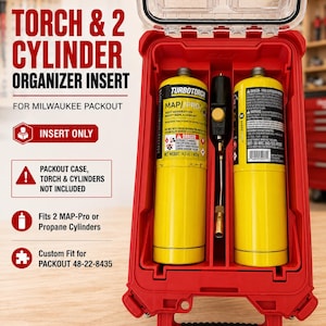 May include: A red plastic organizer insert for a Milwaukee Packout case, designed to hold two yellow MAP-Pro or propane cylinders and a torch. The insert features molded slots for secure storage and includes text labels detailing compatibility.