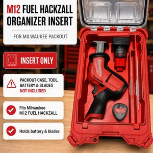 Könnte beinhalten: Ein roter Kunststoff-Organizer-Einsatz für einen Milwaukee Packout-Koffer, passend für eine M12 Fuel Hackzall, Akku und Sägeblätter. Der Einsatz verfügt über geformte Fächer für das Werkzeug und Zubehör sowie Textetiketten zur Kompatibilität.