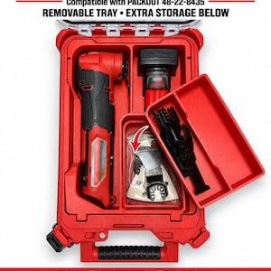 May include: A red plastic organiser insert for an M12 Fuel Multi-Tool 2526-20, compatible with Packout 48-22-8435. The insert features a removable tray and extra storage space below. Text on the image reads M12 FUEL MULTI-TOOL ORGANISER INSERT.