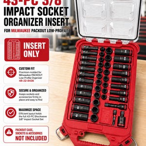 May include: A red 43-piece 3/8 inch impact socket organizer insert designed for a Milwaukee Packout low-profile organizer. The insert features molded slots for various sockets and accessories, with text indicating it is an insert only.