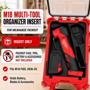 Peut inclure: Un insert de rangement en plastique rouge et noir pour mallette Milwaukee Packout, conçu pour un outil multifonction M18, une batterie et des accessoires. L'insert présente des compartiments moulés et le texte M18 MULTI-TOOL ORGANIZER INSERT.