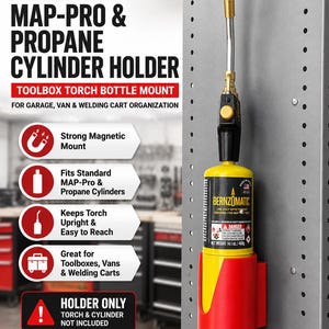 Puede incluir: Un soporte magnético rojo para cilindros fijado en un panel metálico gris, sosteniendo un cilindro de propano amarillo Bernzomatic con soplete. El texto dice: MAGNETIC MAP-PRO & PROPANE CYLINDER HOLDER, TOOLBOX TORCH BOTTLE MOUNT, HOLDER ONLY.