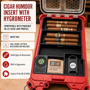 May include: A red plastic cigar humidor insert for a Packout 48-22-8436 low profile case. The insert features black dividers holding six cigars, a built-in digital hygrometer, a 65% humidity control packet, and a black cigar cutter tool.