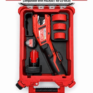 May include: A red plastic organizer insert for an M12 copper tubing cutter, model 2471-20, compatible with Packout 48-22-8435. The insert features molded compartments holding a red and black power tool, a battery, and three red circular accessories.