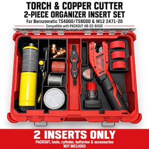 May include: A red 2-piece organizer insert set for a tool case, labeled TORCH & COPPER CUTTER 2-PIECE ORGANIZER INSERT SET. The black plastic inserts hold a yellow fuel cylinder, a red copper cutter, and various small metal plumbing accessories.