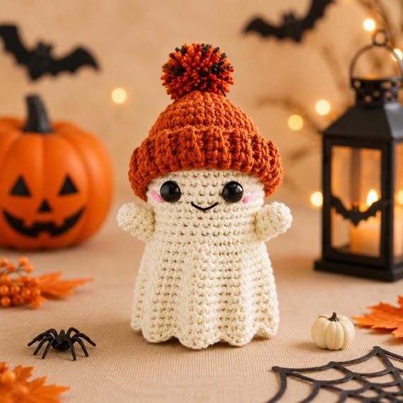 Crochet Ghost Pattern PDF | Amigurumi Halloween Ghost with Pumpkin Hat (Digital Download)