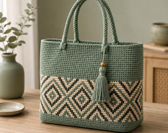 Ocean Wave Tapestry Crochet Tote Bag Pattern, Boho Market Bag (PDF Download)