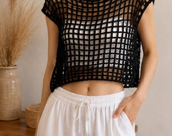 Crochet Mesh Crop Top Pattern PDF, Fishnet Summer Top Crochet Pattern, See Through Boho Sweater, Beach Cover Up, Festival Top, Beginner