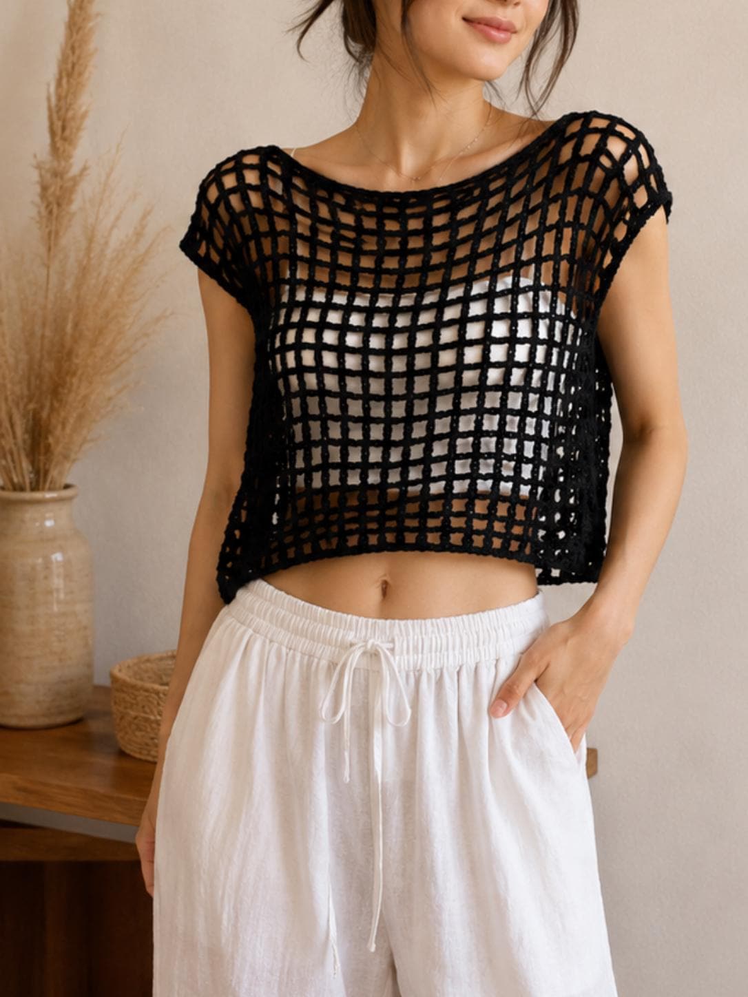 30 Summer Top Crochet Patterns: Chic Styles for Warm-Weather Dressing 22 Crochet Mesh Crop Top and Beach Cover-Up