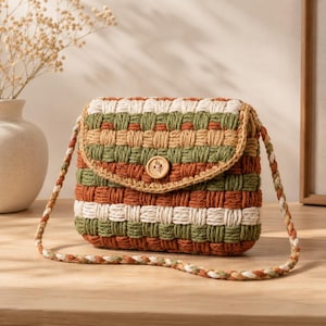 May include: A rectangular woven crossbody bag featuring a multi-colored pattern of cream, sage green, and terracotta orange yarn. The flap is secured with a single round wooden button and includes a matching braided shoulder strap.