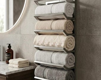 Toallero de baño moderno de pared con estante y organizador de varios niveles.