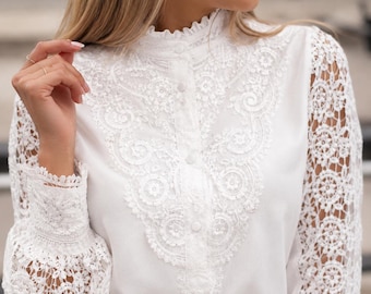 White Lace Blouse, Victorian High Neck Top, Long Sleeve Crochet Sleeve Shirt, Elegant Boho Button Up, Romantic Feminine Blouse