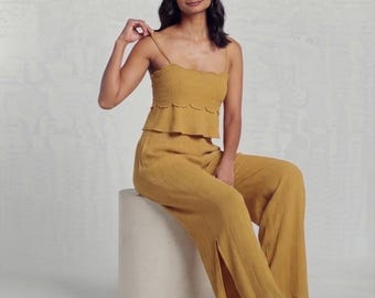Mustard Yellow Embroidered Crop Top and Wide Leg Pants Set, Boho Summer Outfit