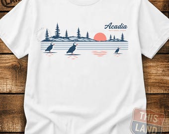 Acadia National Park T-Shirt, Retro Puffin Coastal Graphic, Maine Comfort Colors Tee
