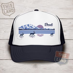 Gorra de camionero del Parque Nacional Denali, gráfico retro de caribú, gorra frontal de espuma de Alaska