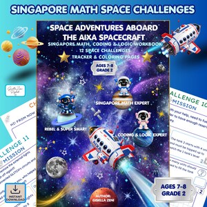Può includere: Un quaderno di esercizi Singapore Math Space Challenges intitolato Space Adventures Aboard the Aixa Spacecraft. La copertina presenta uno sfondo galattico viola e blu con pianeti, stelle, un'astronave bianca e rossa e robot. Include testo per età 7-8, grado 2 e l'autrice Gisella Zeni.