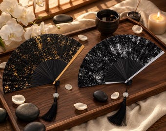 Black Silk Folding Fan Gold Silver Foil, Bamboo Hand Fan, Japanese Zen Accessory, Wedding Favor, Gift for Her