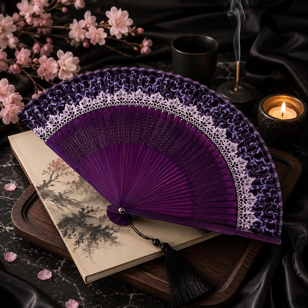 Purple Lace Folding Fan, Color Changing Hand Fan, Bamboo Silk Fan