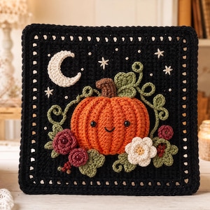 Padrão de crochê para quadrado de abóbora da meia-noite | Decoração de outono para iniciantes (Download em PDF)
