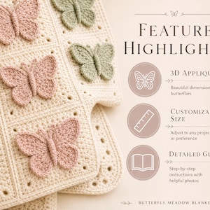 Butterfly Meadow Blanket Crochet Pattern | Granny Square Throw PDF | Dimensional Butterfly Appliqué