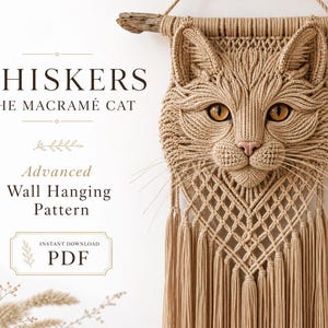 Patrón para tapiz de pared de gato en macramé / Arte textil texturizado estilo boho avanzado (Descarga en PDF)
