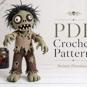 Puede incluir: Un muñeco zombi de ganchillo con pelo negro desordenado, ojos blancos grandes y tez verde. El muñeco lleva una camisa beige hecha jirones y pantalones marrones con agujeros. El texto dice PDF Crochet Pattern Instant Download.