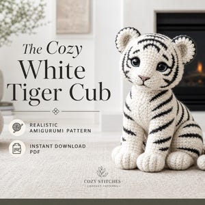 Patrón de ganchillo realista de cachorro de tigre blanco, PDF de amigurumi, decoración de guardería con temática de safari (descarga instantánea)