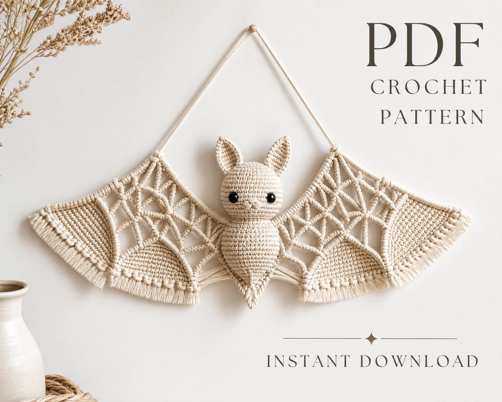 39 Bat Crochet Patterns for Halloween Decor, Gifts, and Spooky-Cute Amigurumi 38 Boho Bat Macrame Wall Hanging Crochet