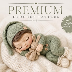 May include: A crochet pattern document titled PREMIUM CROCHET PATTERN with an illustration of a sleeping doll wearing a sage green ribbed hat with a star, a matching sage green onesie with two wooden buttons, and cream booties, holding a small tan bunny.