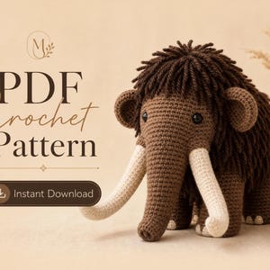 マンモスの編み図、あみぐるみ先史時代の動物PDF、氷河期ぬいぐるみチュートリアル（即時ダウンロード）