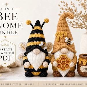 May include: Two crocheted gnomes and a honey pot. One gnome has black and yellow stripes, antennae, and white wings. The other is tan with a honey drip on its hat, holding a honeycomb. The text reads 3-IN-1 BEE GNOME BUNDLE INSTANT DOWNLOAD PDF.
