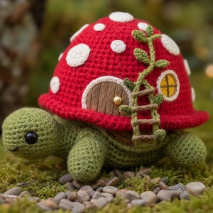May include: A crocheted turtle with a red mushroom-shaped shell featuring white spots, a small wooden door, a yellow window, and a green vine ladder. The turtle has a green head, four legs, and black bead eyes, crafted with detailed yarn textures.