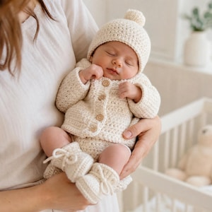 May include: A cream-colored crochet baby outfit consisting of a long-sleeved button-down cardigan with wooden buttons, matching shorts, a beanie hat with a small pom-pom on top, and a pair of soft booties with tied laces, worn by a sleeping infant.