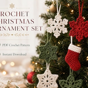 かぎ針編みのクリスマスオーナメントの編み図（PDF）｜雪の結晶、星、ミニストッキング（即時ダウンロード）