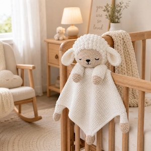 May include: A cream-colored crochet security blanket featuring a plush lamb head with a textured, curly top, floppy ears, and closed eyes. The blanket body is square-shaped with a waffle-like stitch pattern and small, light brown accents on the paws.