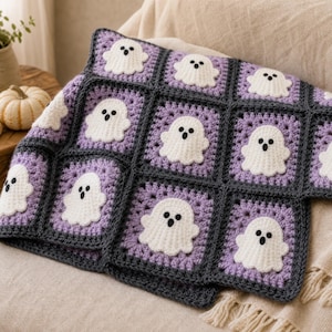 Ghost Granny Square Crochet Pattern PDF | Easy Halloween Crochet | Beginner Ghost Applique | Granny Square Blanket, Cushion & Decor