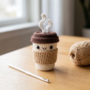 Puede incluir: Una pequeña taza de café amigurumi tejida a ganchillo con cuerpo color crema, tapa marrón oscuro y funda beige. La taza tiene dos ojos de cuentas negras y una sonrisa bordada, con dos formas de hilo blanco ondulado que representan el vapor.