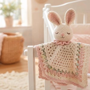 May include: A crochet security blanket featuring a stuffed rabbit head with long ears, pink inner ears, and embroidered facial features. The attached blanket is made of cream, pink, and sage green yarn in a square granny stitch pattern with a ruffled edge.