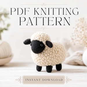 May include: A PDF knitting pattern for a small stuffed sheep with a cream-coloured textured body and a solid black head, ears, and legs. The text PDF KNITTING PATTERN and INSTANT DOWNLOAD are clearly visible on the document cover.