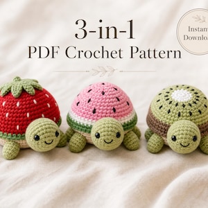 3-in-1 Fruit Turtle Crochet Pattern Bundle – Strawberry, Watermelon, Kiwi Amigurumi PDF