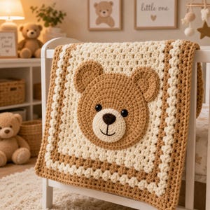 May include: A square crochet blanket featuring a central brown bear face appliqué with black eyes and a dark brown nose. The blanket is crafted with a cream-colored center and a thick, textured brown border, showcasing a classic granny square stitch pattern.