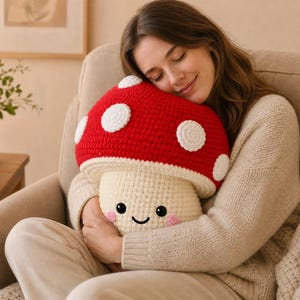 May include: A crochet mushroom plush toy featuring a large red cap with white circular spots and a cream-colored stem. The stem has a simple embroidered face with two black circular eyes, a small black curved mouth, and two pink circular cheeks.
