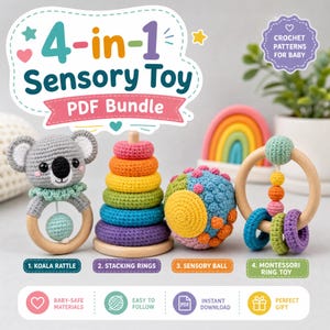 4-in-1 Sensory Toy Crochet Patterns | Koala Rattle, Stacking Rings, Ball (PDF Download)