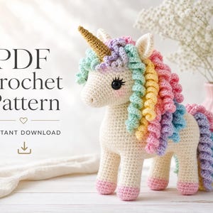 May include: A crochet unicorn toy with a cream-colored body, pink hooves, and a spiraled, multi-colored mane and tail in shades of pink, yellow, blue, and purple. It features a gold horn and black eyes. Text reads: PDF Crochet Pattern.