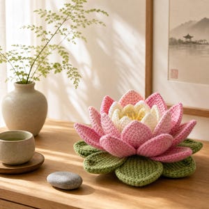 May include: A crocheted lotus flower sculpture featuring layered petals in shades of pink and white, resting on a base of green crocheted leaves. The flower is crafted with a visible yarn texture, showcasing a multi-dimensional bloom design.