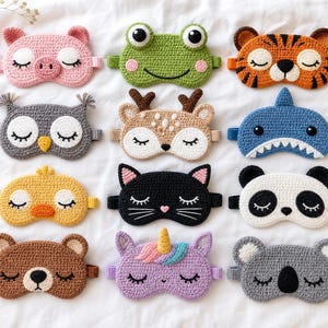 Patrones de ganchillo para antifaces de dormir con forma de animales / Colección en PDF / Nivel intermedio / Cerdo, rana, tigre y más