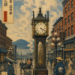 May include: A print depicting the Gastown Steam Clock in Vancouver, featuring a central clock tower with Roman numerals, surrounded by brick buildings, street lamps, and people in traditional Japanese attire on a cobblestone street under clouds.