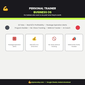 May include: A digital business operating system for personal trainers featuring text that reads Personal Trainer Business OS, 22 Tabs, Real $/hr Profitability, Package Expiration Alerts, Program Builder, No-Show Tracking, Referral Tracker, and AI Coach.