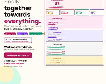 Couples Budget Planner | Dream Fund, Bill Splitter, Harmony Score (Google Sheets)
