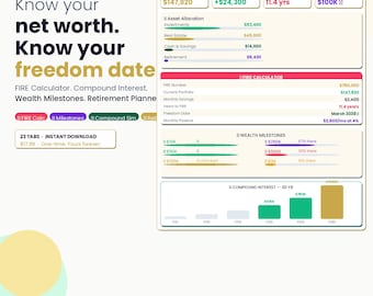 Net Worth Tracker Spreadsheet | FIRE Calculator, Wealth Planner (Digital Download)